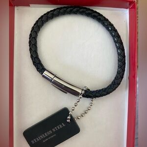 New In Box Men's Black Woven Leather Bracelet with Silver Clasp